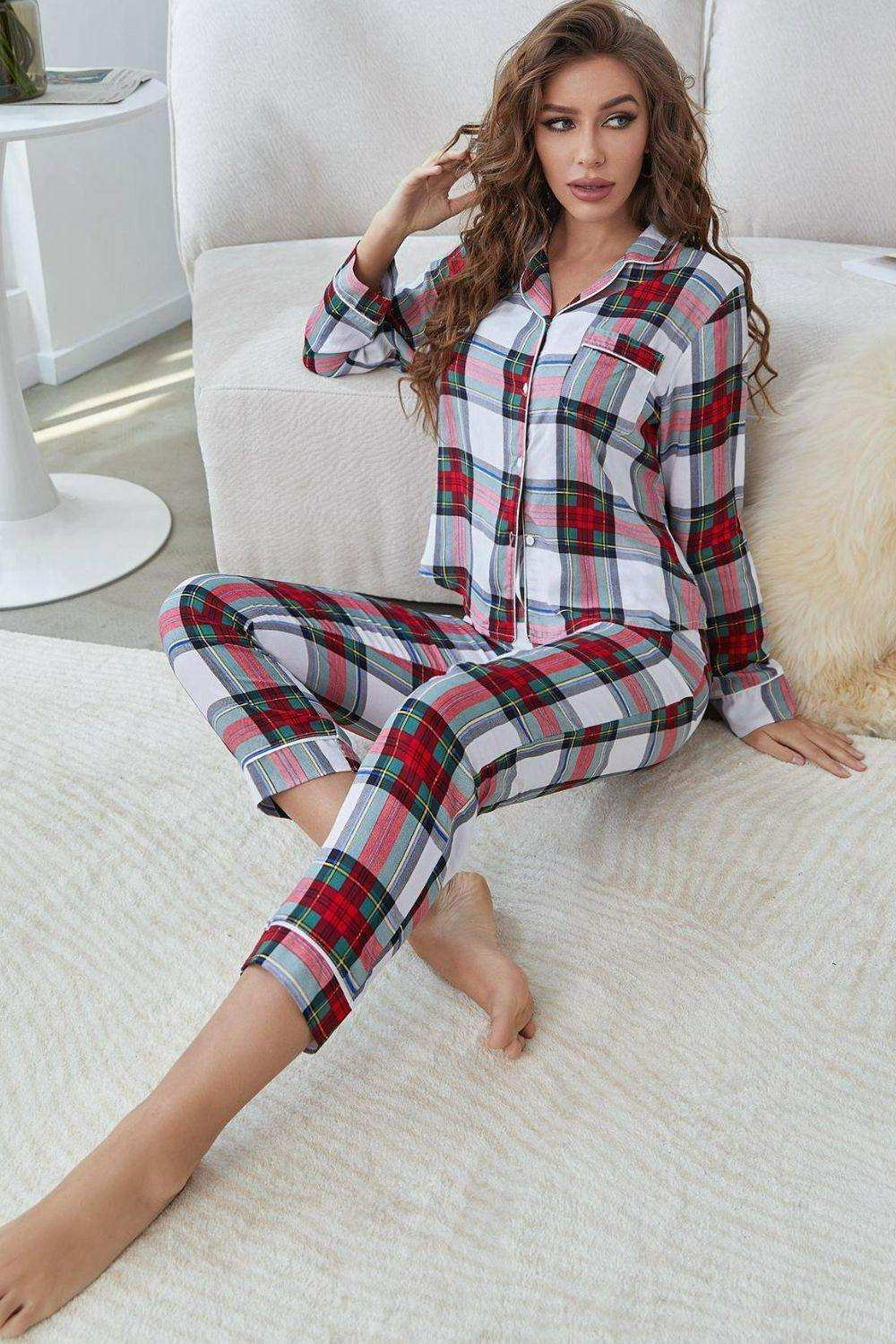Plaid Button Front Top and Pants Lounge Set - Trendsi - Flyclothing LLC
