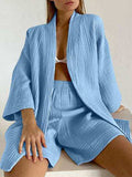 Textured Dropped Shoulder Cardigan and Shorts Set - Trendsi - Flyclothing LLC