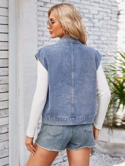 Cap Sleeve Denim Jacket with Pockets - Trendsi - Flyclothing LLC