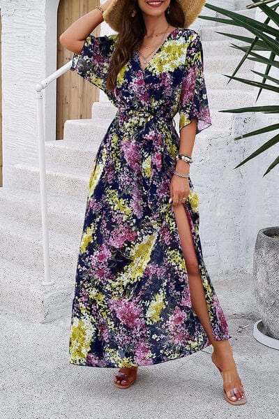 Printed Tied Half Sleeve Slit Dress - Trendsi - Flyclothing LLC