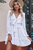 Tied Plunge Smocked Waist Flounce Sleeve Dress - Trendsi - Flyclothing LLC