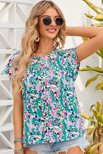 Printed Round Neck Cap Sleeve Blouse - Trendsi - Flyclothing LLC