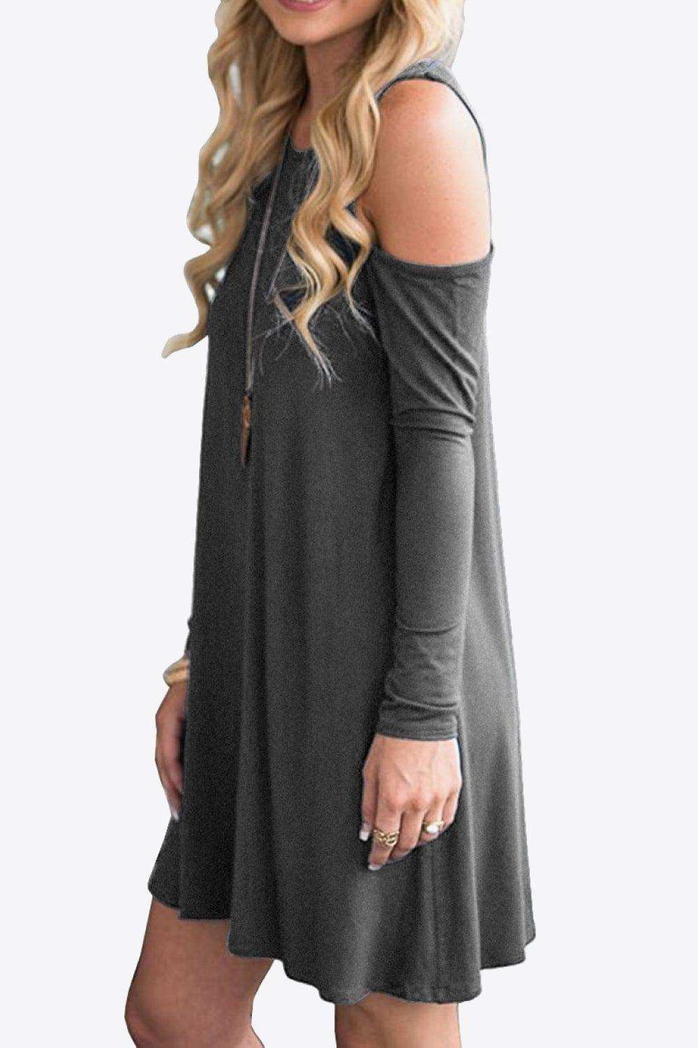 Cold-Shoulder Long Sleeve Round Neck Dress - Trendsi - Flyclothing LLC