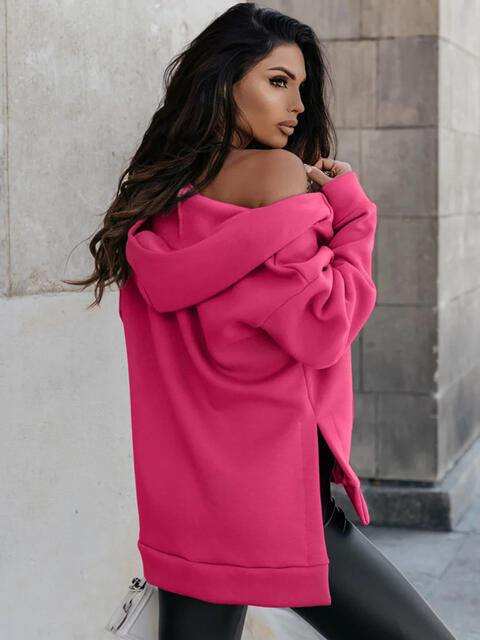 Zip-Up Slit Hoodie with Pockets - Trendsi - Flyclothing LLC