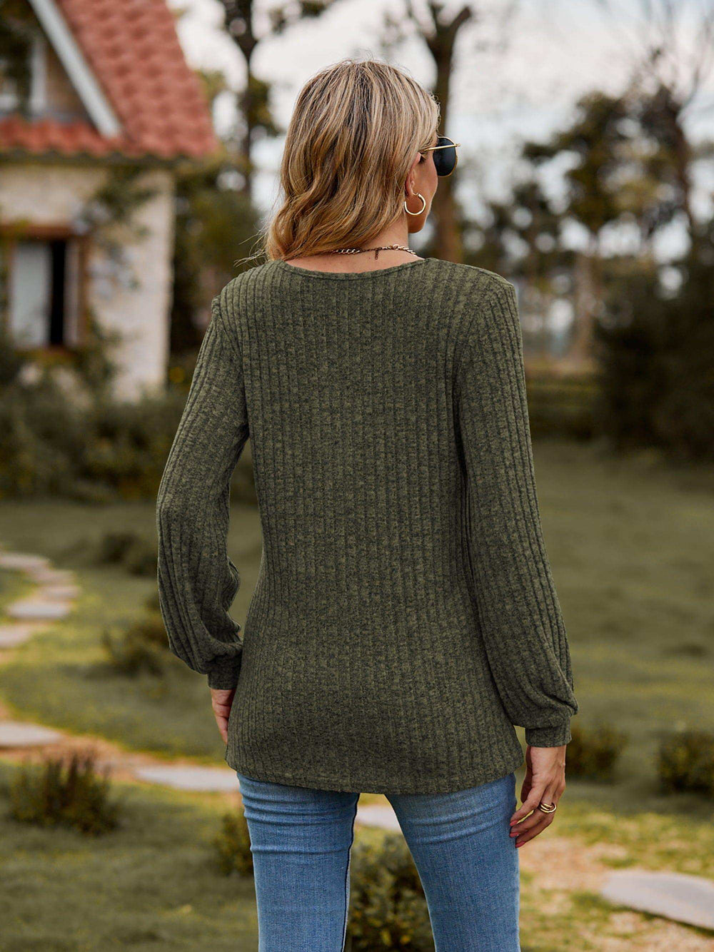 Round Neck Button-Down Long Sleeve Tee - Trendsi - Flyclothing LLC