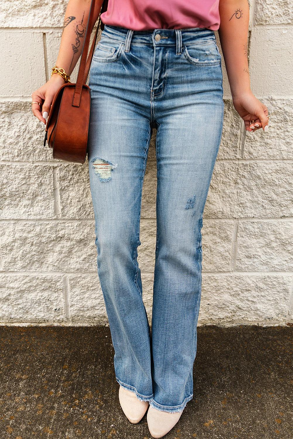 High-Rise Waist Distressed Flare Jeans - Flyclothing LLC