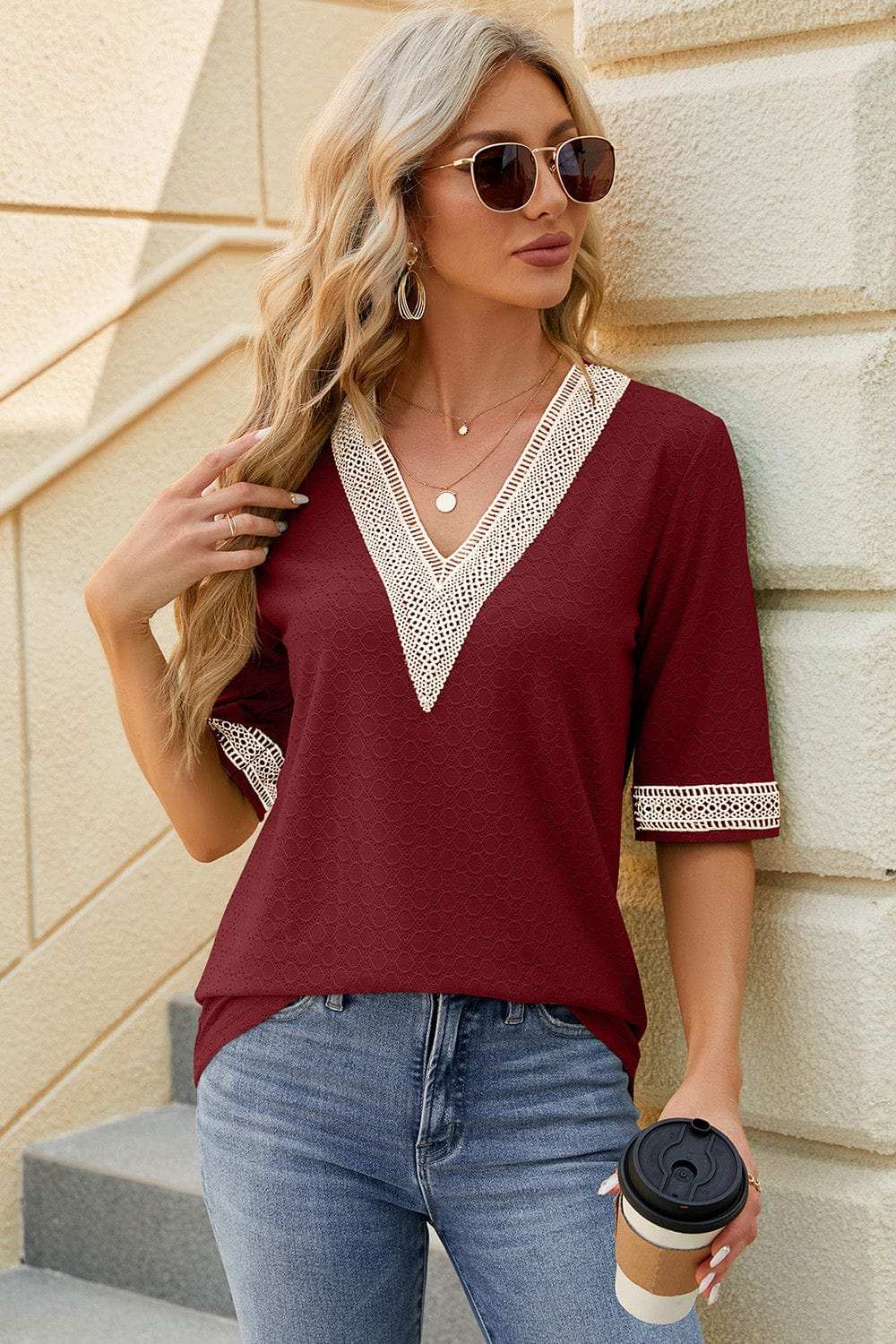 V-Neck Half Sleeve T-Shirt - Trendsi - Flyclothing LLC