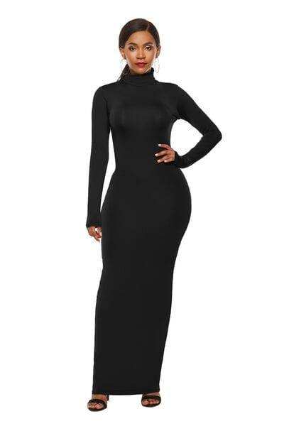 Mock Neck Long Sleeve Maxi Slim Dress - Trendsi - Flyclothing LLC