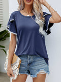 Pom-Pom Trim Flutter Sleeve Round Neck Tee - Trendsi - Flyclothing LLC