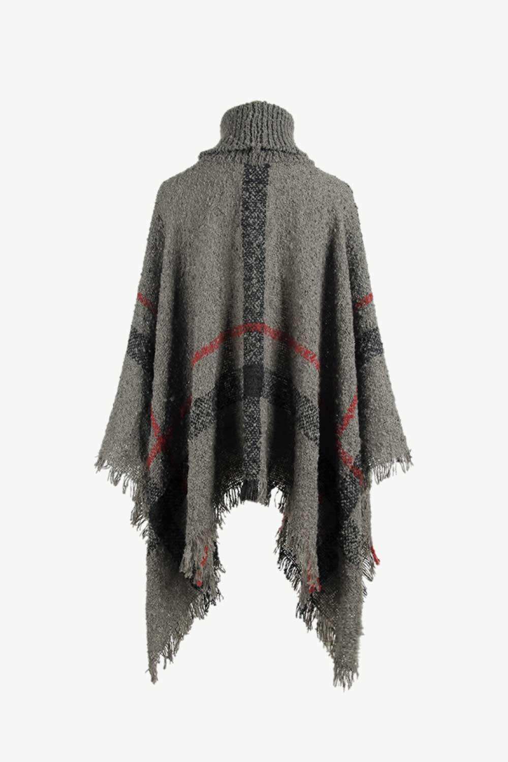 Plaid Turtleneck Raw Hem Poncho - Trendsi - Flyclothing LLC