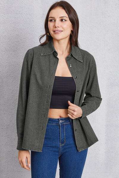 Collared Neck Button Up Denim Top - Trendsi - Flyclothing LLC