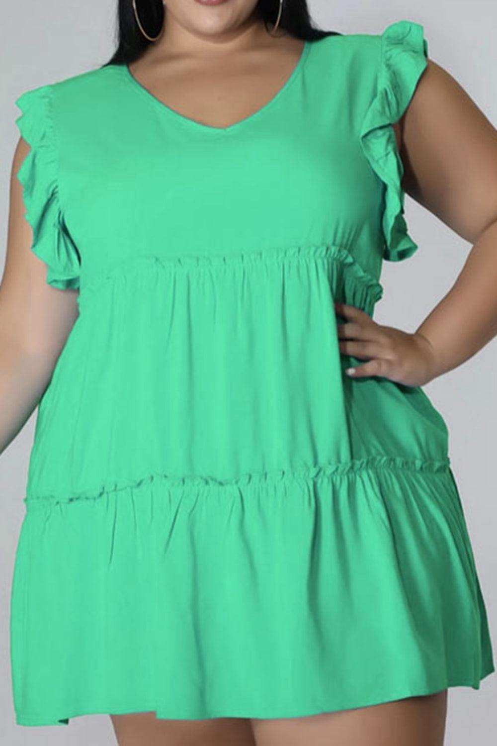 Plus Size V-Neck Frill Trim Mini Dress - Trendsi - Flyclothing LLC