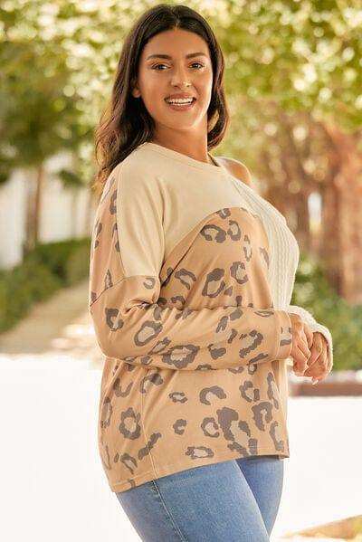 Plus Size Leopard Color Block Long Sleeve T-Shirt - Trendsi - Flyclothing LLC