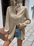 Notched Neck Balloon Sleeve Shirt - Trendsi - Flyclothing LLC