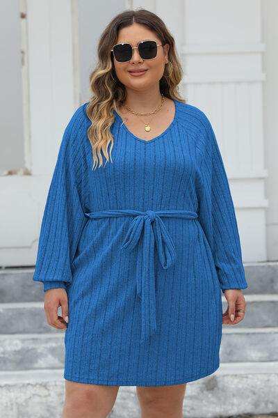 Plus Size Ribbed Tie Front Long Sleeve Sweater Dress - Trendsi - Flyclothing LLC