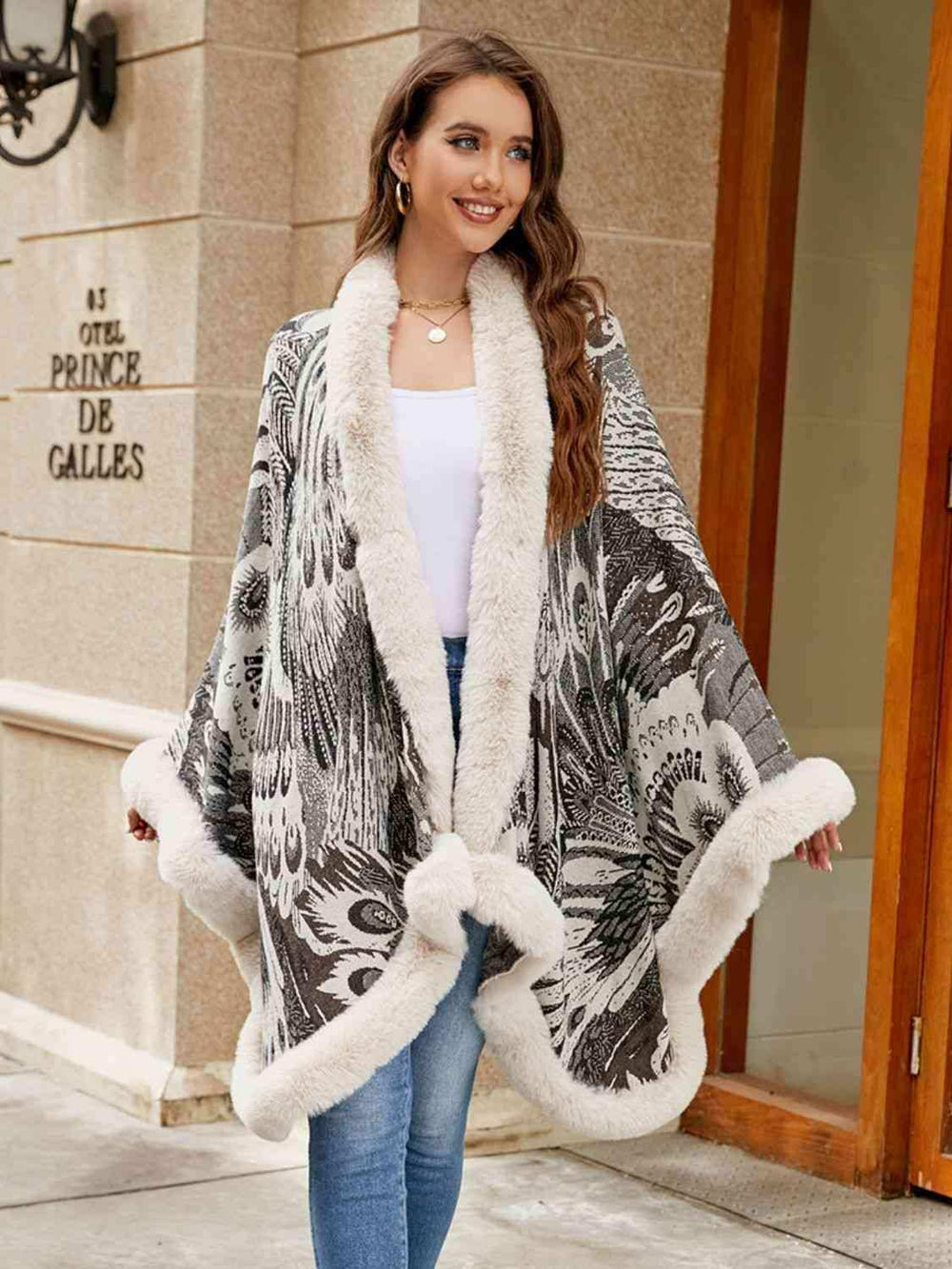 Printed Open Front Poncho - Trendsi - Flyclothing LLC