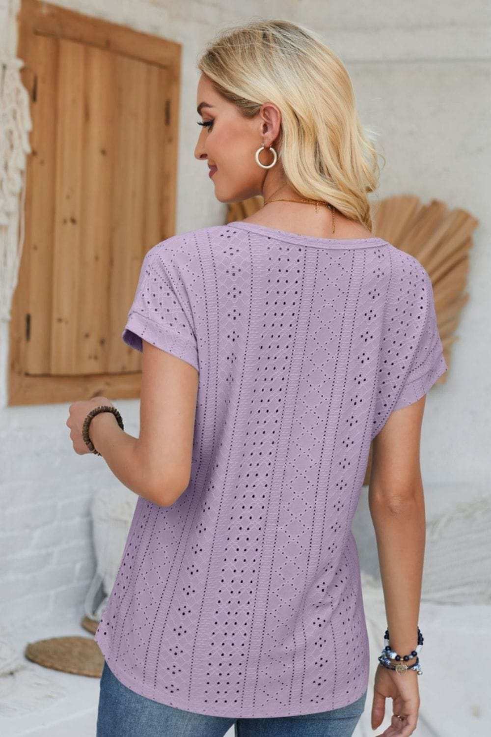 Eyelet Round Neck Rolled Short Sleeve T-Shirt - Trendsi - Flyclothing LLC