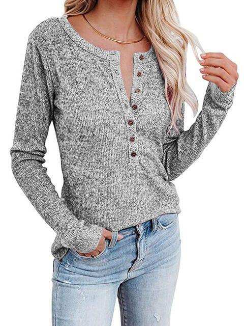 Round Neck Buttoned Long Sleeve T-Shirt - Trendsi - Flyclothing LLC