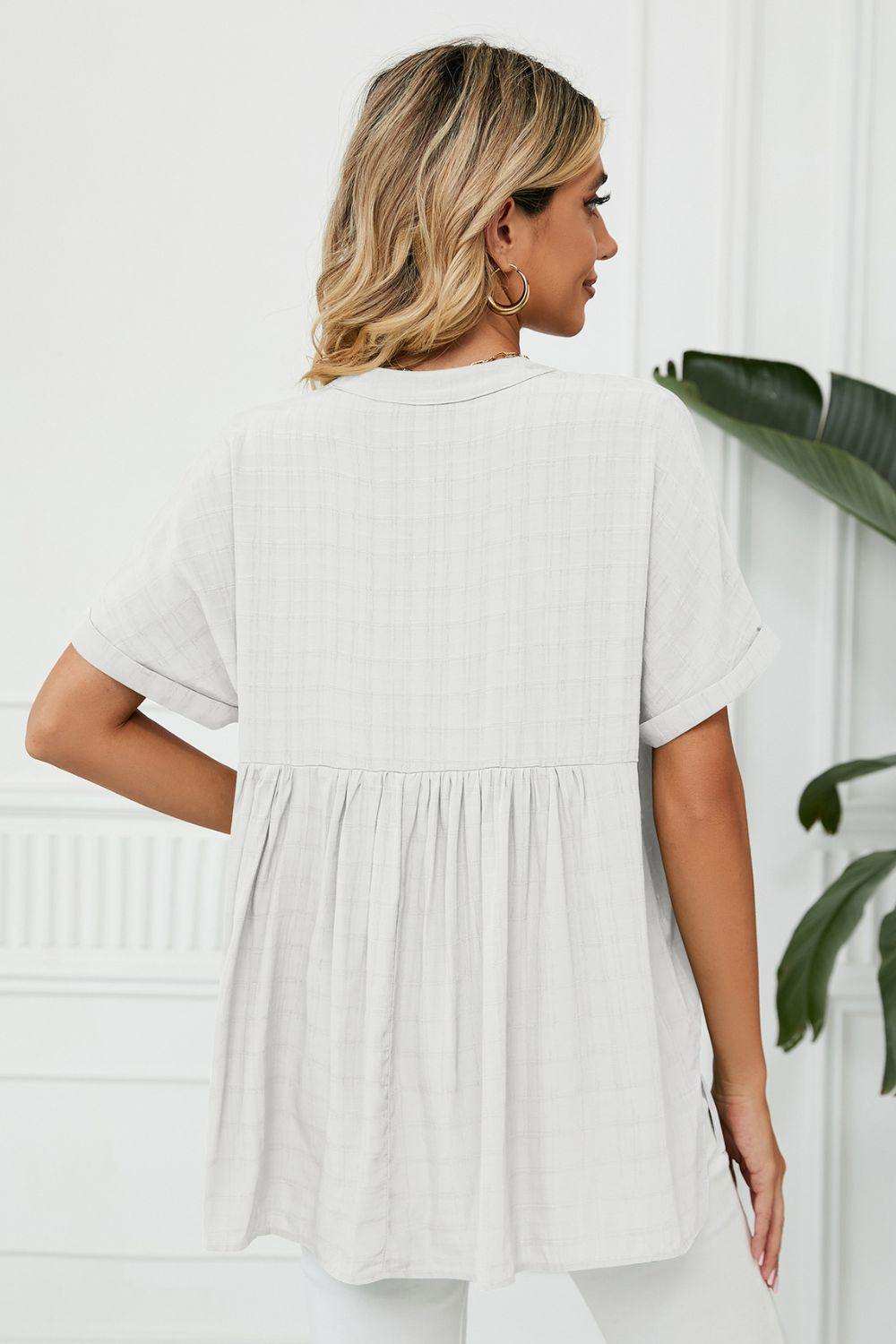 Side Slit Notched Neck Cuffed Short Sleeve Blouse - Trendsi - Flyclothing LLC