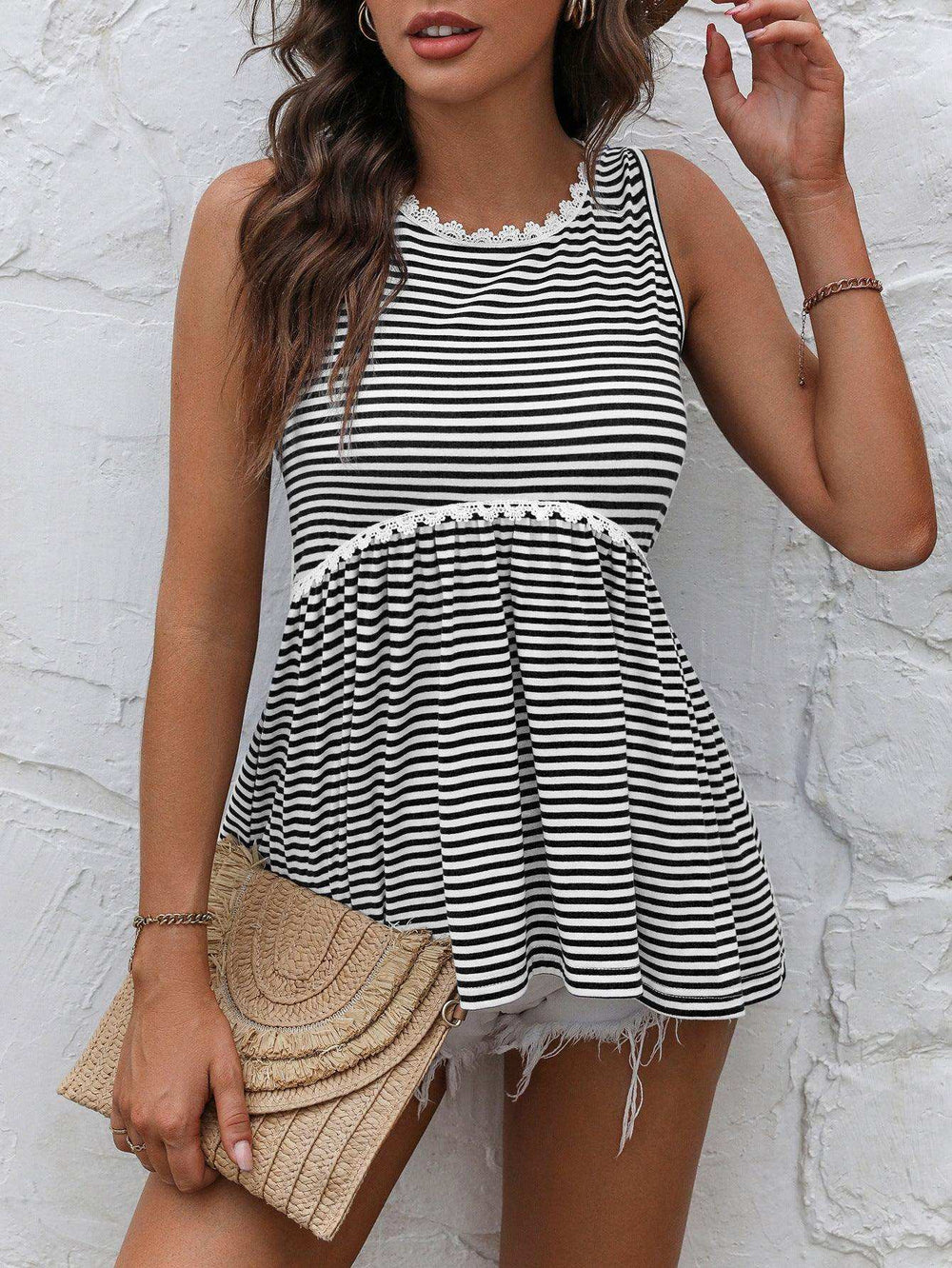 Striped Lace Trim Round Neck Tank - Trendsi - Flyclothing LLC