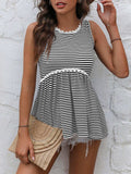 Striped Lace Trim Round Neck Tank - Trendsi - Flyclothing LLC