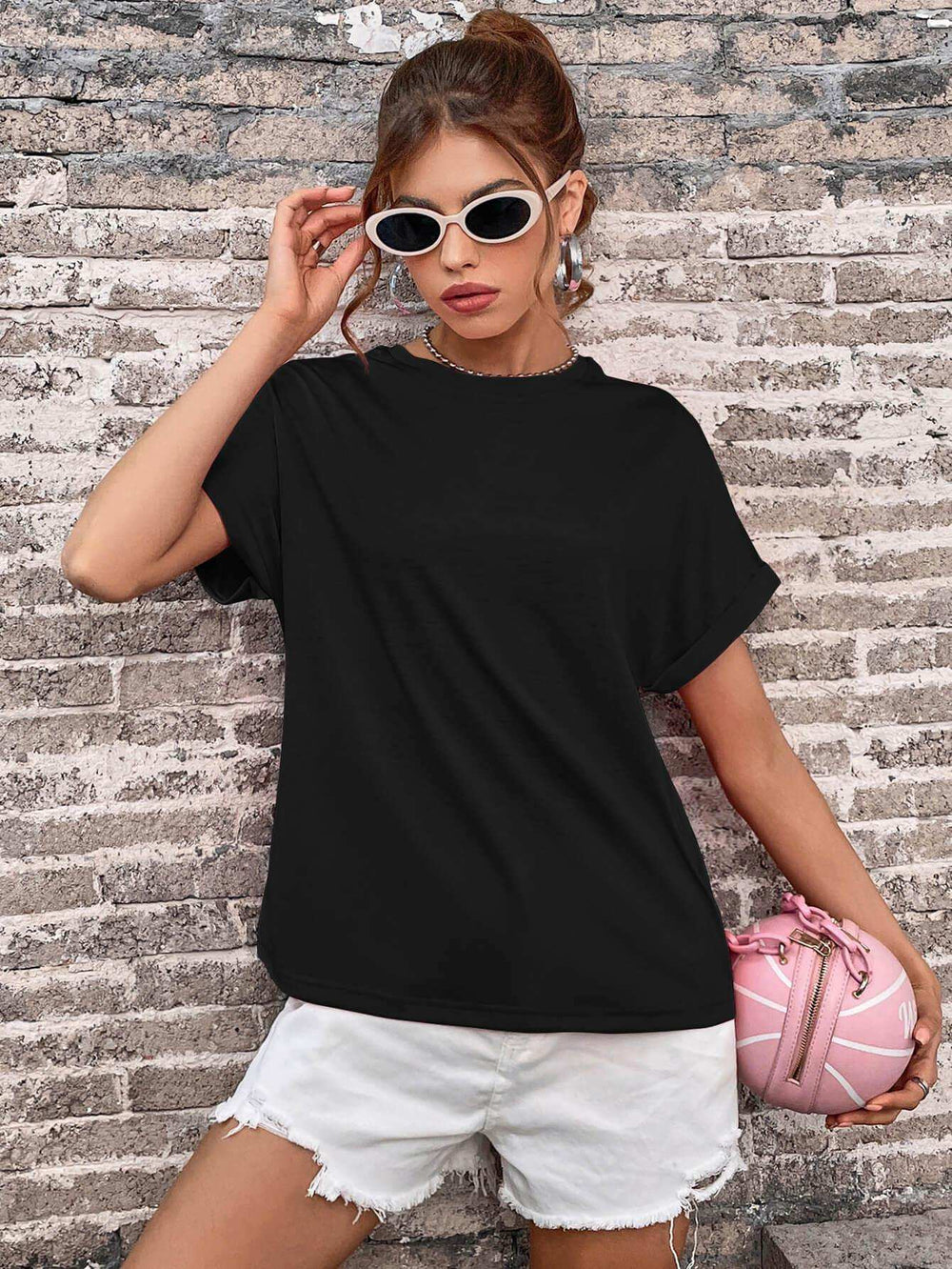 Round Neck Cuffed Sleeve T-Shirt - Trendsi - Flyclothing LLC