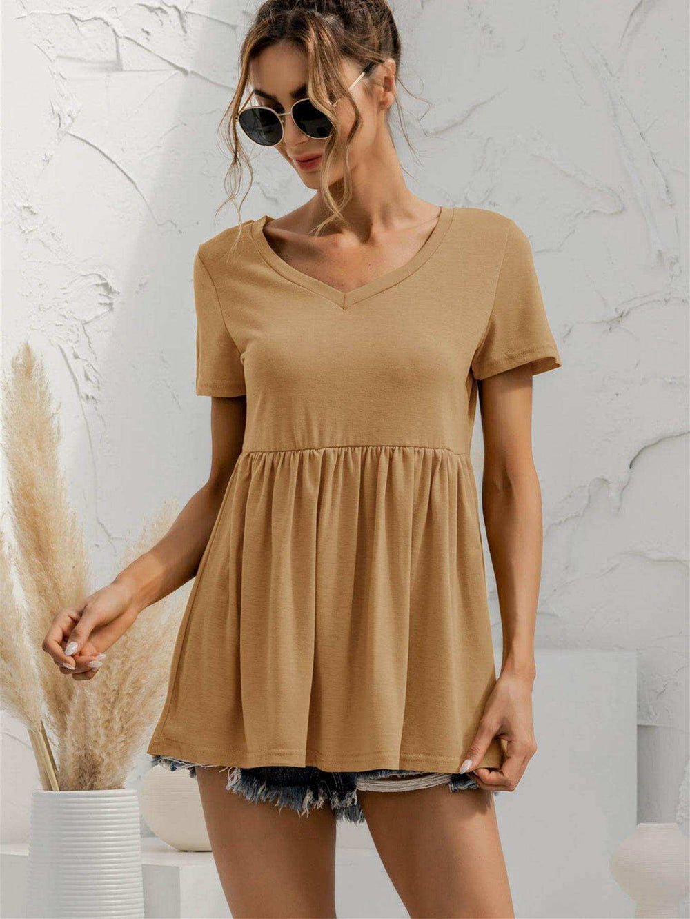 V-Neck Short Sleeve Babydoll Top - Trendsi - Flyclothing LLC