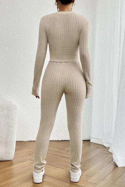 Ribbed V-Neck Long Sleeve Cropped Top and Pants Set - Trendsi - Flyclothing LLC