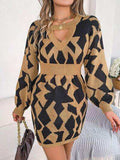 Contrast Round Neck Cutout Long Sleeve Mini Sweater Dress - Trendsi - Flyclothing LLC