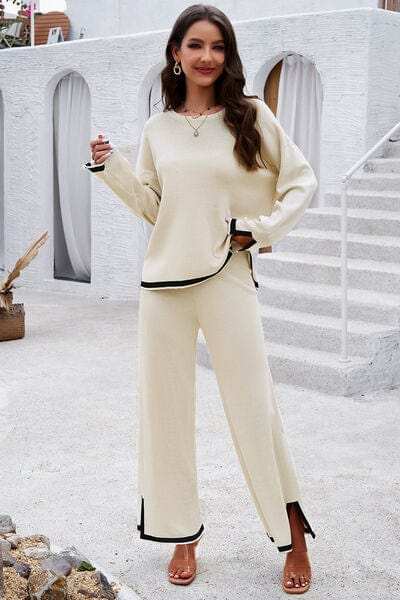 Contrast Trim Round Neck Top and Pants Set - Trendsi - Flyclothing LLC