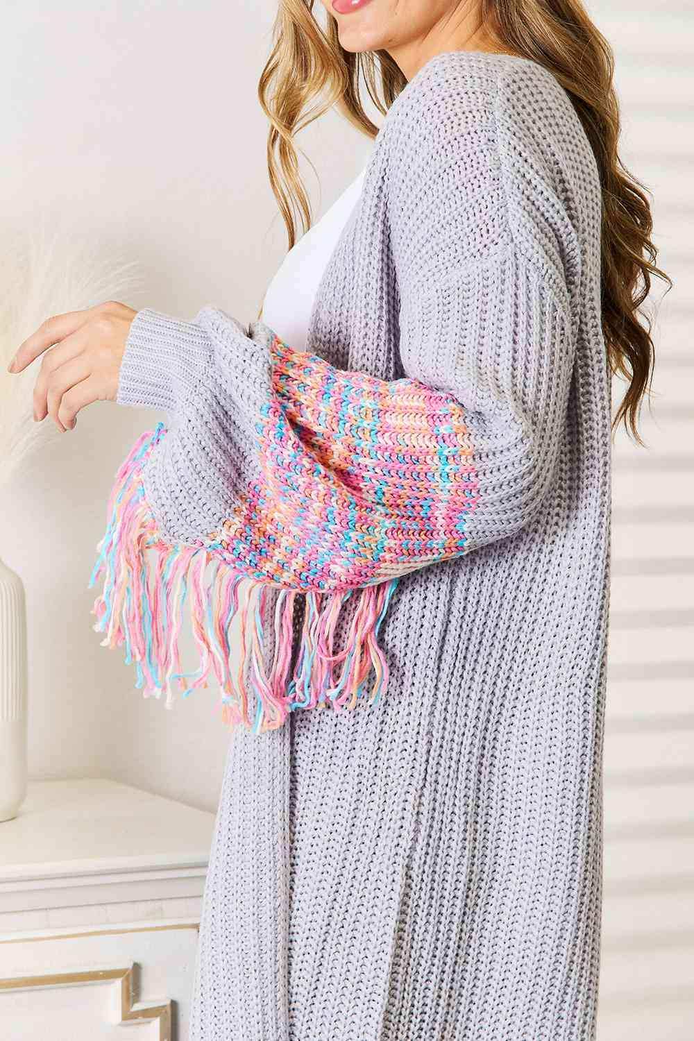 Woven Right Fringe Sleeve Dropped Shoulder Cardigan - Trendsi - Flyclothing LLC