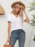 Johnny Collar Openwork Short Sleeve Knit Top - Trendsi - Flyclothing LLC