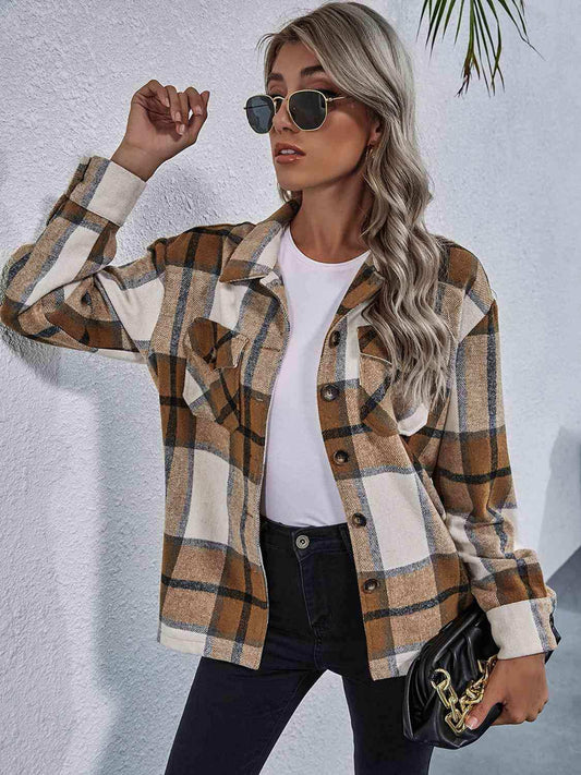 Plaid Button Down Collared Jacket - Trendsi - Flyclothing LLC