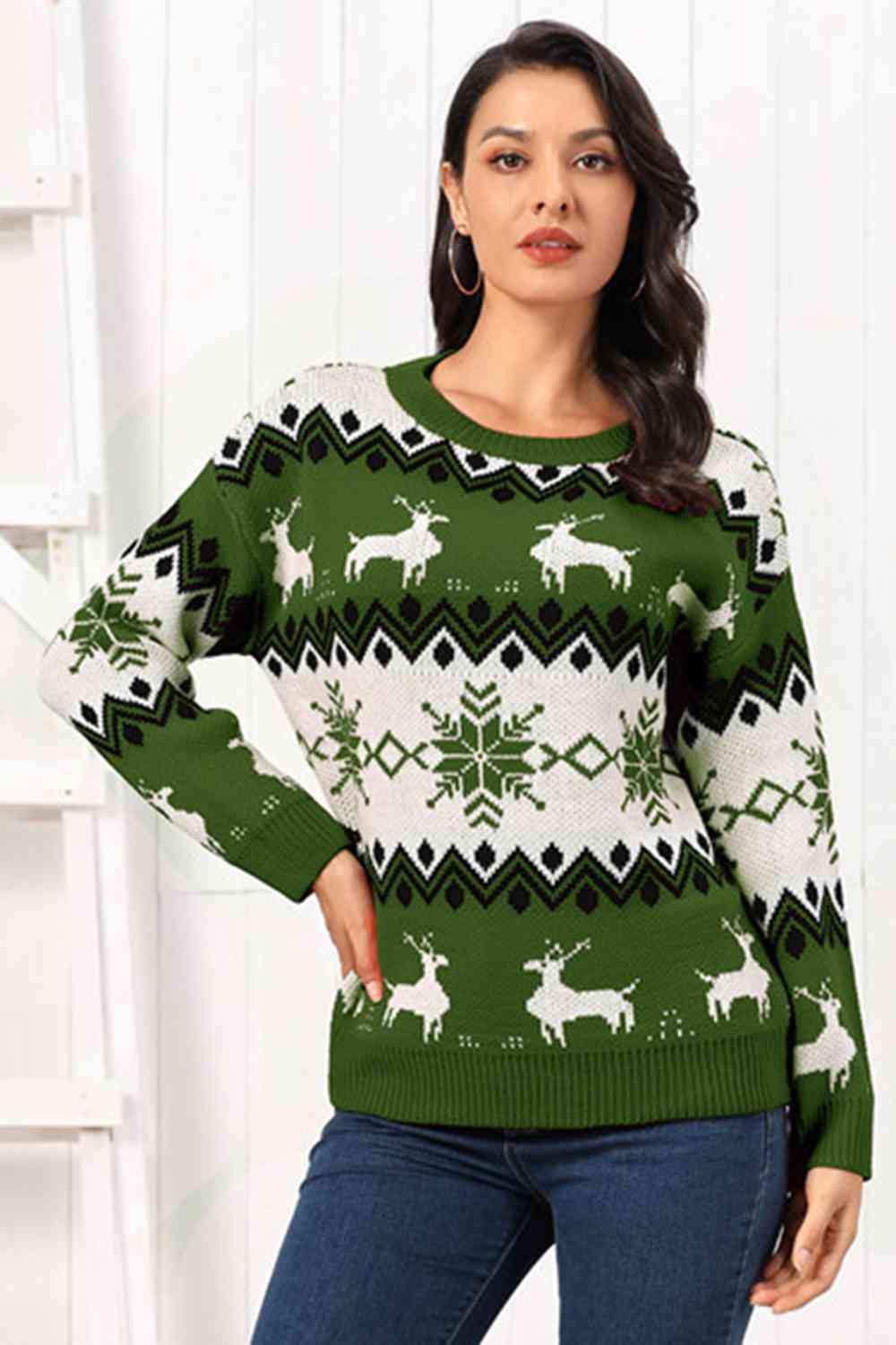 Reindeer Round Neck Sweater - Trendsi - Flyclothing LLC