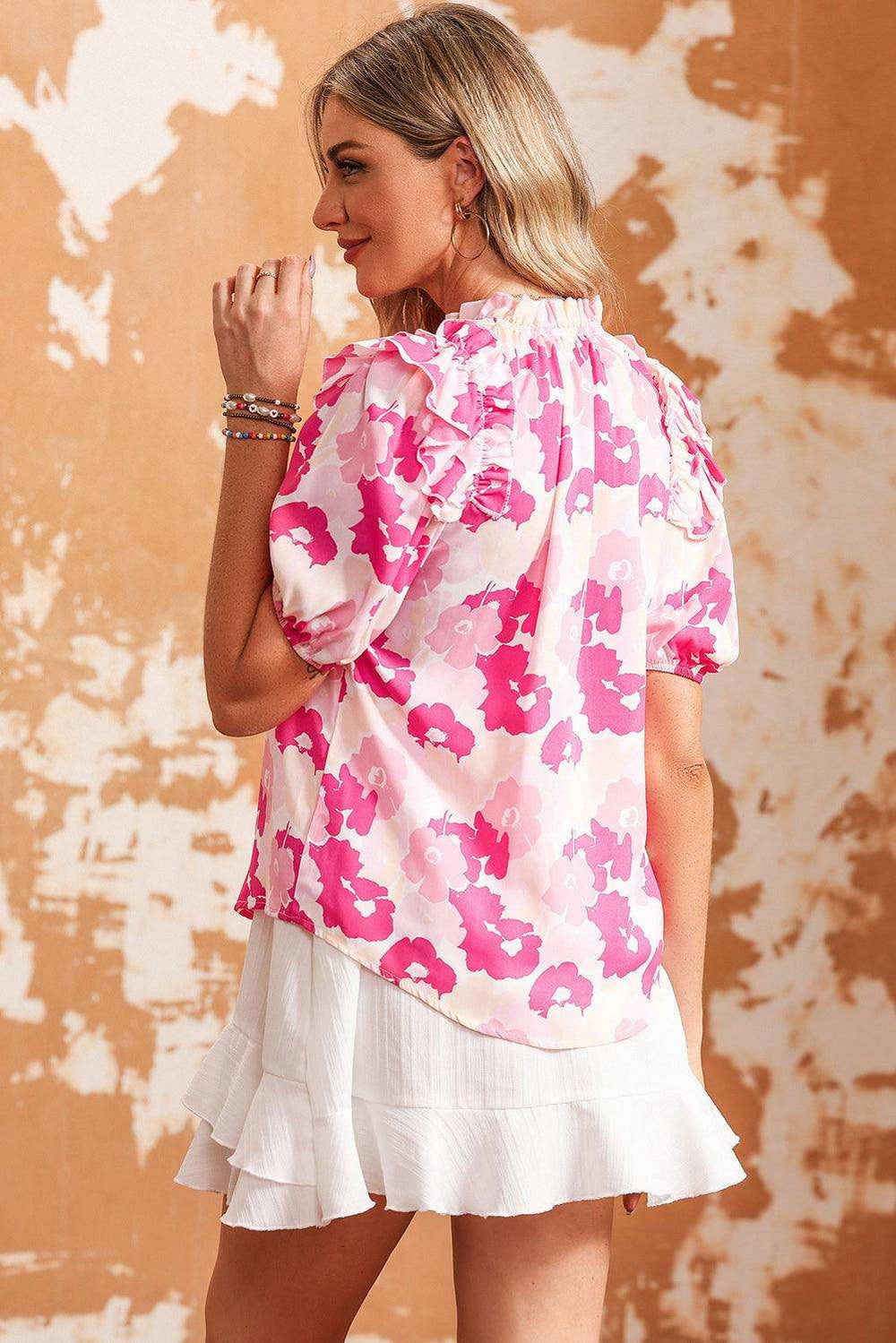 Floral Tie Neck Ruffle Shoulder Blouse - Trendsi - Flyclothing LLC