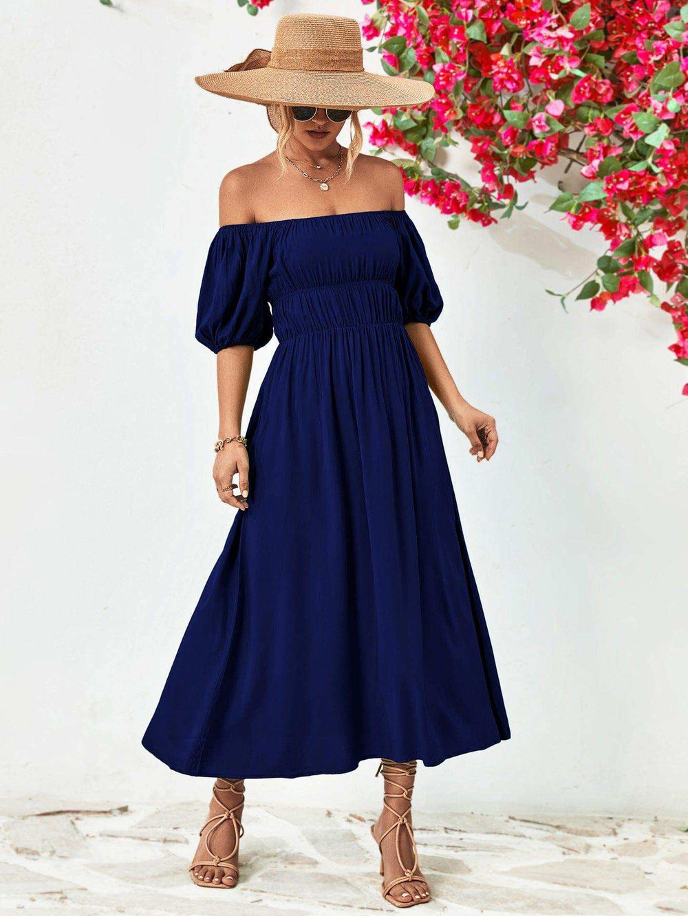 Off-Shoulder Balloon Sleeve Midi Dress - Trendsi - Flyclothing LLC