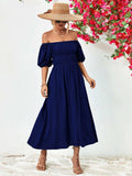 Off-Shoulder Balloon Sleeve Midi Dress - Trendsi - Flyclothing LLC
