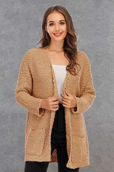 Pocketed Open Front Long Sleeve Cardigan - Trendsi - Flyclothing LLC