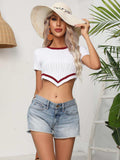 Contrast Round Neck Short Sleeve Cropped Knit Top - Trendsi - Flyclothing LLC