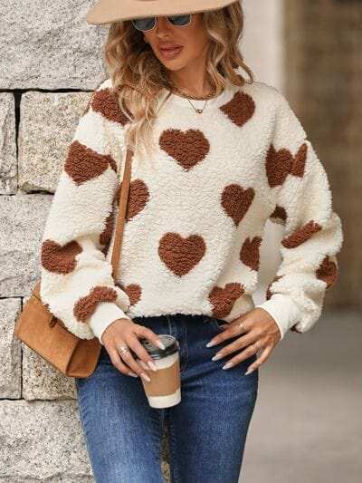 Fuzzy Heart Dropped Shoulder Sweatshirt - Trendsi - Flyclothing LLC