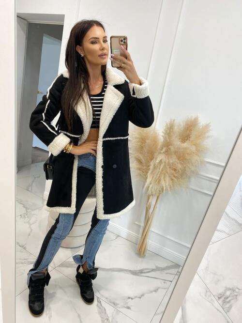 Lapel Collar Exposed Seam Buttoned Coat - Trendsi - Flyclothing LLC