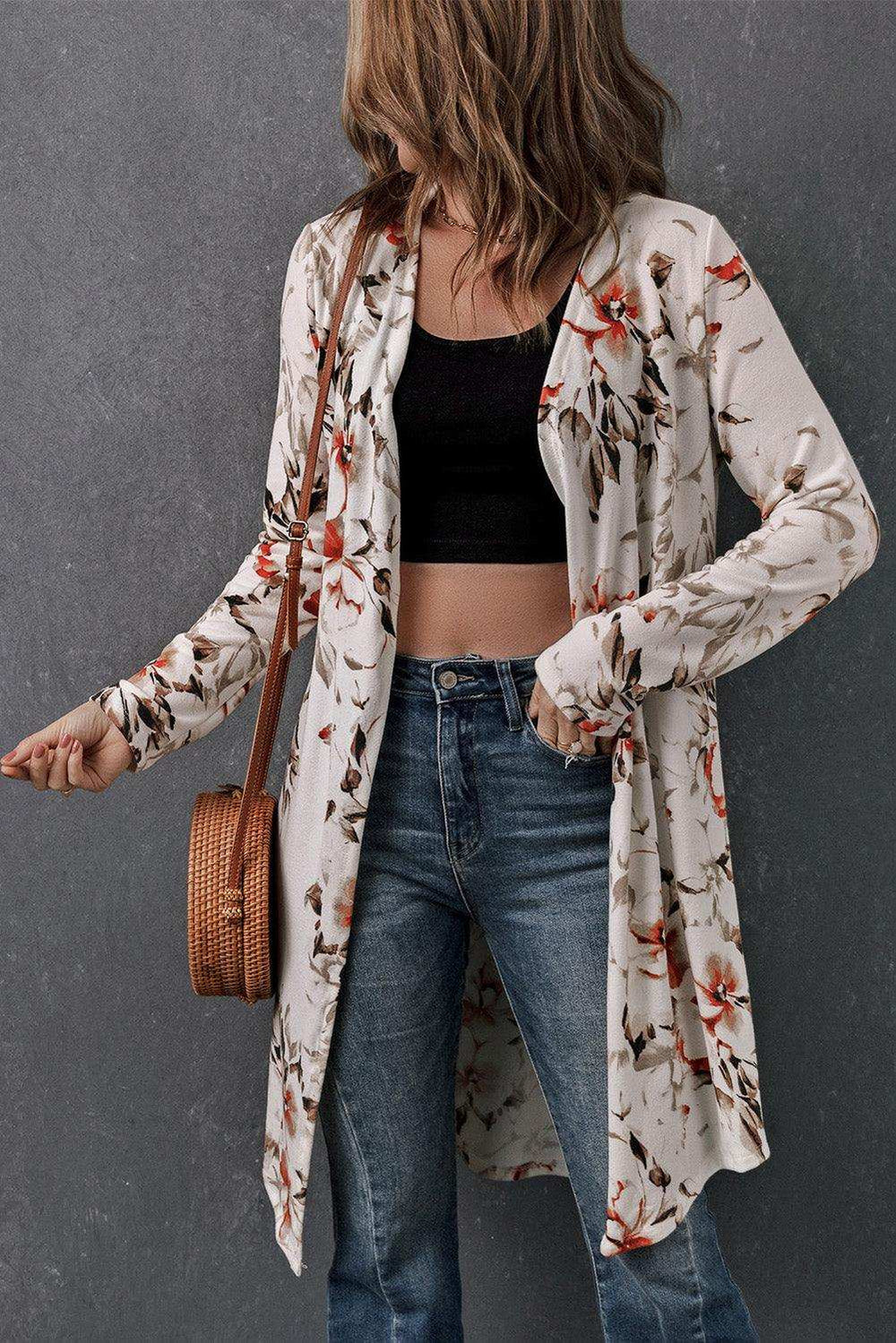 Printed Open Front Longline Cardigan - Trendsi - Flyclothing LLC