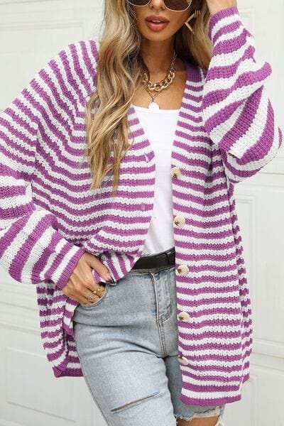 Striped Button Up Long Sleeve Cardigan - Trendsi - Flyclothing LLC