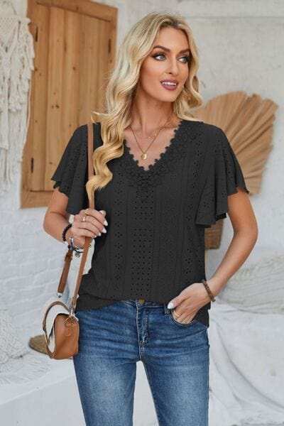 Eyelet Applique V-Neck Cap Sleeve T-Shirt - Trendsi - Flyclothing LLC