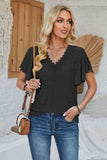 Eyelet Applique V-Neck Cap Sleeve T-Shirt - Trendsi - Flyclothing LLC