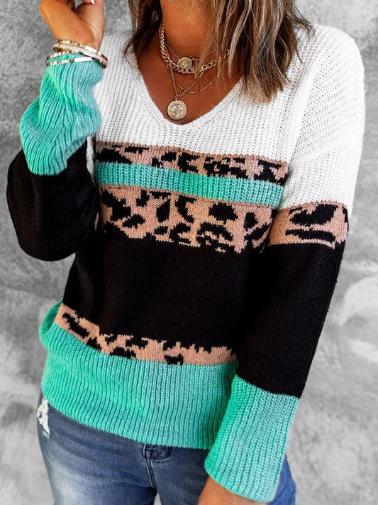 Leopard Color Block V-Neck Rib-Knit Sweater - Flyclothing LLC