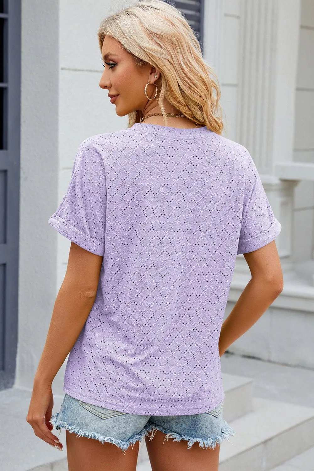 Eyelet Notched Short Sleeve T-Shirt - Trendsi - Flyclothing LLC