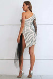 Zebra Print Rhinestone Slit Single Shoulder Dress - Trendsi - Flyclothing LLC