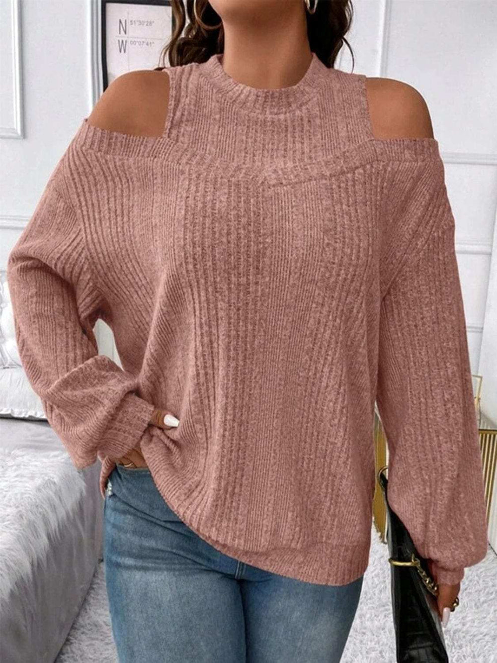 Round Neck Cold Shoulder Sweater - Trendsi - Flyclothing LLC