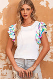 Multicolored Flutter Sleeve Round Neck Blouse - Trendsi - Flyclothing LLC